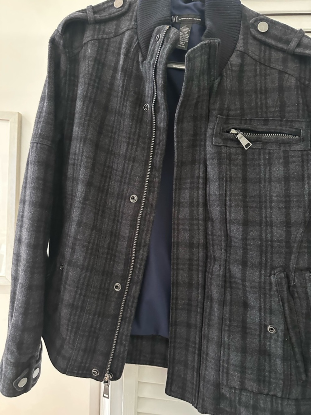 INC International Concepts Men's Dark Gray Plaid Field Jacket